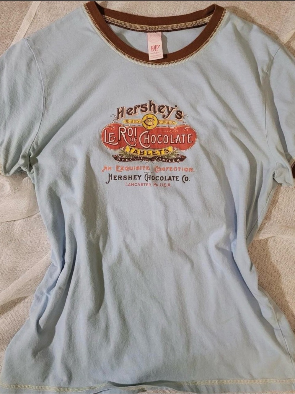 SOLD!! Hershey's Light Blue Graphic Ringer Tee with Brown Trim